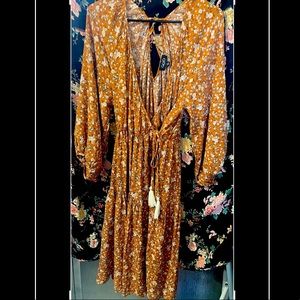 Women's Woven Floral Puff Sleeve Wrap Midi Dress With Tassle Tie